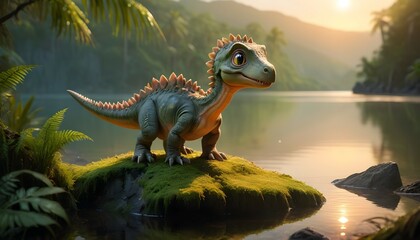 An enchanting sight of a baby dinosaur with luminous, captivating eyes, standing proudly on a mossy...