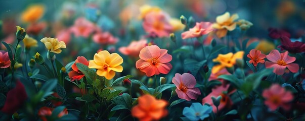 Background of colorful blossoming flowers with gentle petals and pleasant aroma growing in garden. - obrazy, fototapety, plakaty