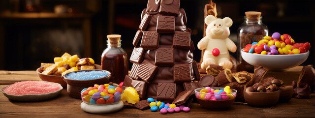 Still life of a large chocolate Christmas tree with a white chocolate teddy bear on top and surrounded by colorful candies and sweets. - obrazy, fototapety, plakaty
