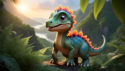 A heartwarming image of a baby dinosaur, its vibrant, expressive eyes reflecting the hues of the setting sun, nestled amidst a sea of lush greenery, its soft feathers gently swaying in the mountain br