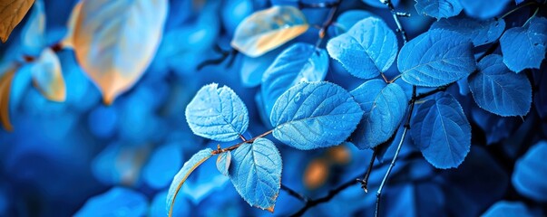 blue plant leaves in the nature in fall season, blue backgroun