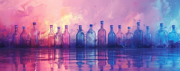 bottles with blue pastel and purple pastel on water - obrazy, fototapety, plakaty