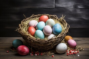 Fototapeta na wymiar Easter eggs in the basket of wooden boards - generative ai