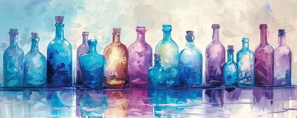 bottles with blue pastel and purple pastel on water - obrazy, fototapety, plakaty