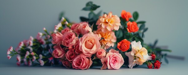 Bunch of fresh blooming flowers placed on table against gray background.