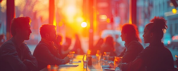 Business coworkers in a meeting with female consultant at cafe