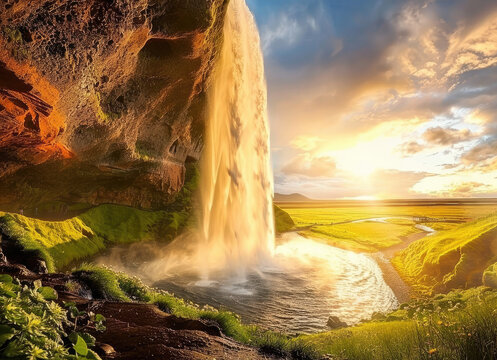 Photo of an Icelandic waterfall at sunset, taken from behind a cave with a beautiful sky and green meadow © Kien