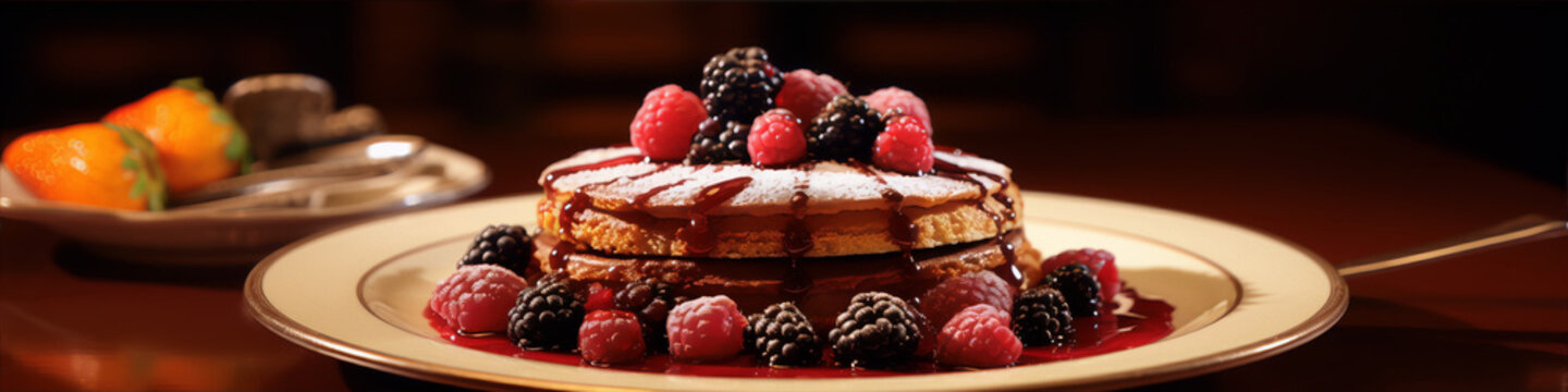 Close-up image of a plate of pancakes with raspberries and blackberries.