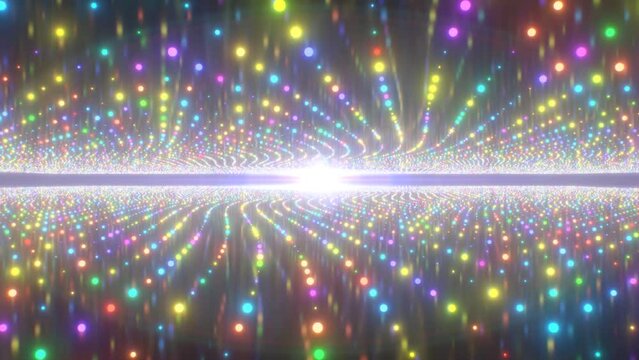 Waving Rainbow Glowing Neon Lights Floating Above Reflective Surface - 4K Seamless VJ Loop Motion Background Animation