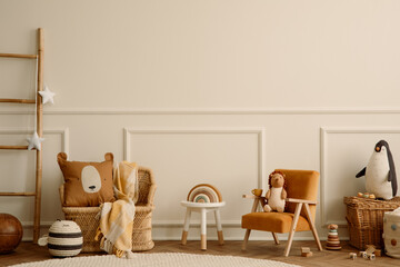 Warm and cozy kids room interior with orange armchair, white stool, round rug, braided armchair,...