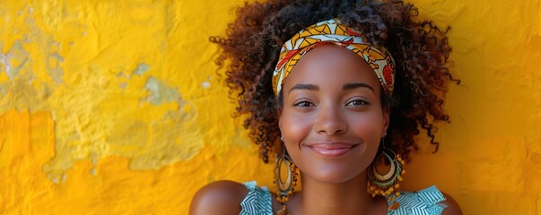 Cheerful black woman over yellow background