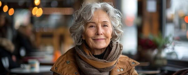 Cheerful elderly woman sitting in outdoor cafeteria