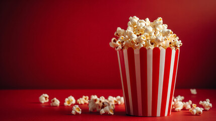 A full popcorn box with scattered kernels, set against a vibrant red backdrop, emphasizing the snack’s appeal.