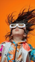Child in awe with hair flying, wearing sleek futuristic glasses and a colorful jacket against an orange background