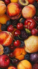 Close up of mixed summer fruit: berries, peaches, cherries.