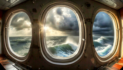The stormy sea with storm clouds seen through three portholes of a moving ship. Looking through window porthole. Generative Ai. - obrazy, fototapety, plakaty