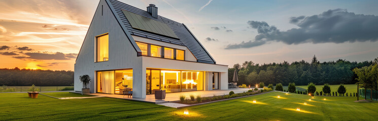 Photo of modern house with gable roof and terrace on the first floor, white walls with black window frames in an environment surrounded by green grass at sunset - obrazy, fototapety, plakaty