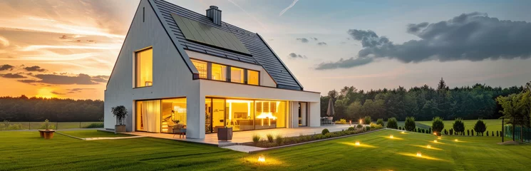 Rolgordijnen Photo of modern house with gable roof and terrace on the first floor, white walls with black window frames in an environment surrounded by green grass at sunset © Kien