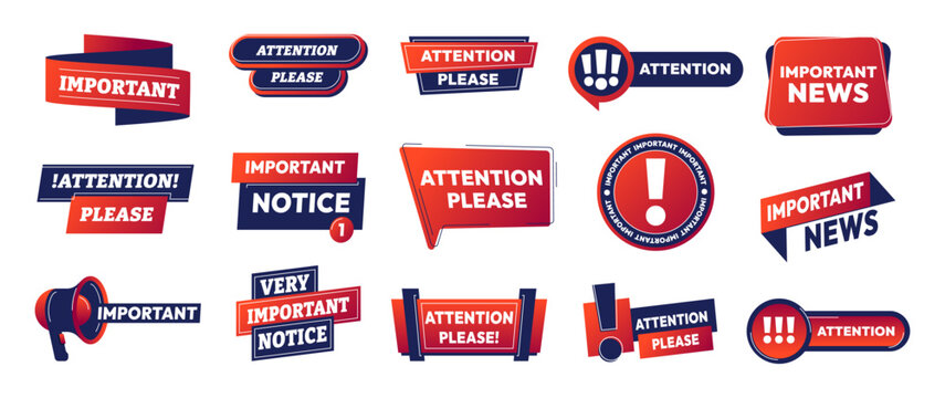 Important badges. Warning and caution stickers, alert and danger announcement symbols, offer and sale banner frames. Vector isolated collection. News red labels of different shapes