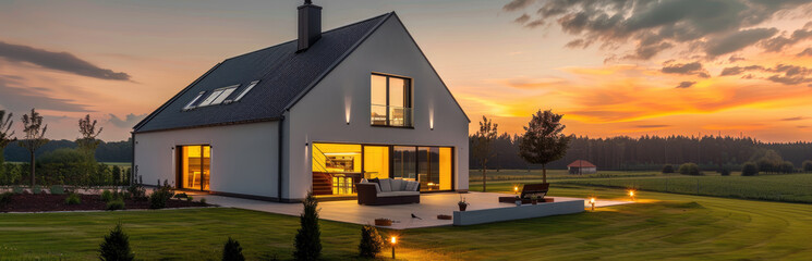 Photo of modern house with gable roof and terrace on the first floor, white walls with black window frames in an environment surrounded by green grass at sunset