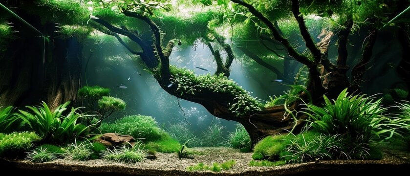 beautiful freshwater aquascape with live aquarium plants