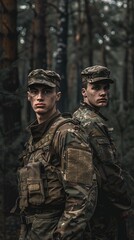 emotionless young soldiers in military uniform standing in a forest and looking at camera