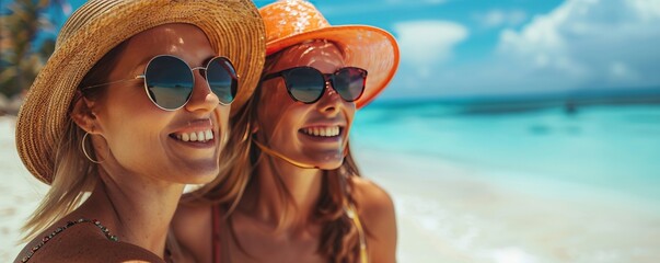 Female friends on beach in sun visors - obrazy, fototapety, plakaty