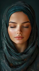 Naklejka premium Fine art portrait of young Muslim woman in traditional hijab with eyes closed.