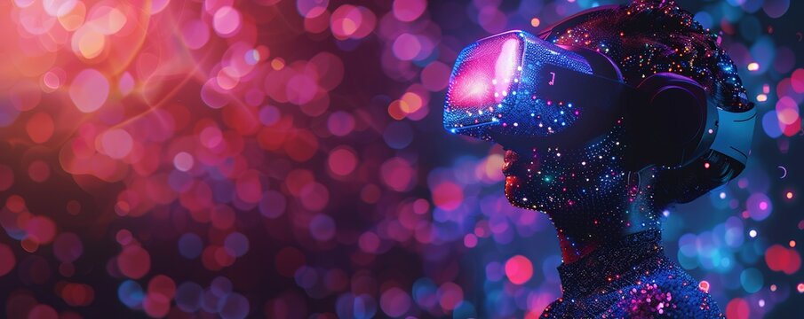 fantasy illustration of headshot of cyborg character of glowing neon colors dots in virtual reality headset on dark background - Powered by Adobe