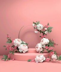 A luxurious floral ring of peonies set against a multi-tiered podium, merging nature and design...