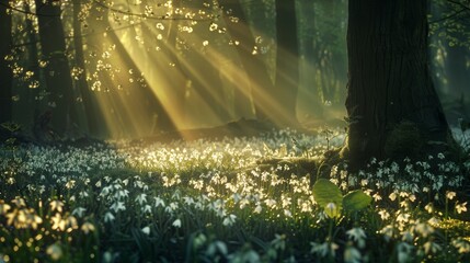 An enchanting view of Leucojum vernum (Spring Snowflake) flowers spreading across the forest floor, with rays of sunlight piercing through the canopy, creating a magical dappled light effect.