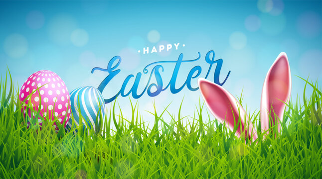 Happy Easter Holiday Design with Rabbit Ears, Painted Egg and Spring Green Grass on Blue Sky Background. International Religious Vector Celebration Banner Illustration with Lettering for Greeting Card
