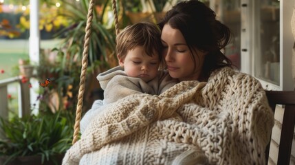 Obraz premium Mother with her toddler son in her lap, wrapped in a soft, knitted blanket on a garden patio swing. The scene is a perfect representation of cozy, hygge motherhood on a warm spring day.