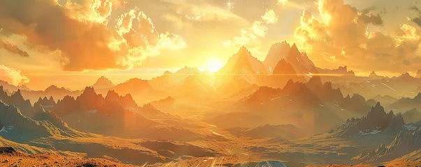 Poster Golden sun light in highland sulfur mountains. Scenery nature view © Влада Яковенко
