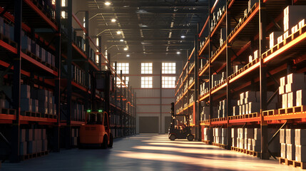 Warehouse with a forklift in the middle. Warehouse
