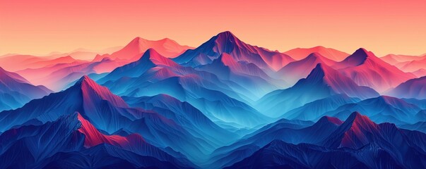 Illustration of abstract mountain range background with red and blue colors. Risograph style