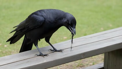 A Crow With Its Claws Scratching At A Wooden Bench
