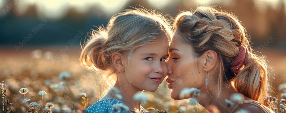 Wall mural little girl whispering a secret into ears of her mother