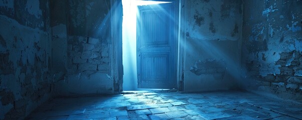light coming through opened blue door