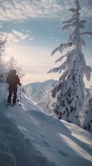 Man backcountry skis through snowy environment