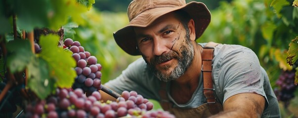 Man harvesting grapes with tool in farm