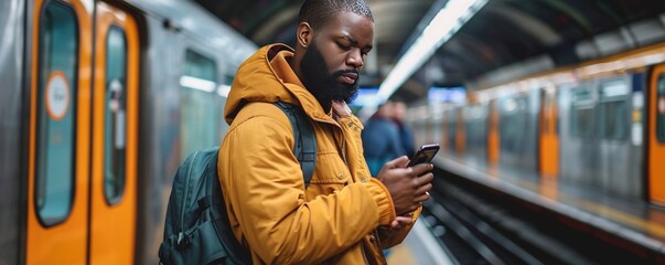 Man taking train paying with phone - obrazy, fototapety, plakaty