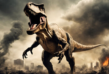 Angry T-Rex in an apocalyptic scene