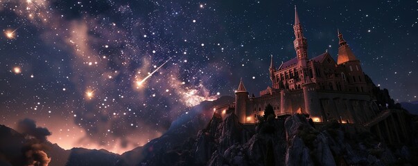 Milky way and meteor in the castle