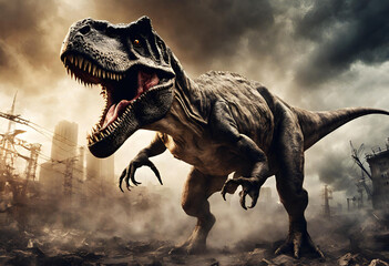 Obraz premium Angry T-Rex in an apocalyptic scene