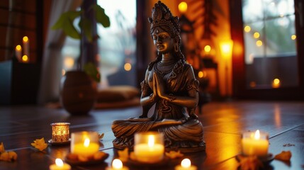Serene Meditation Room with Buddha Statue and Lighted Candles - obrazy, fototapety, plakaty