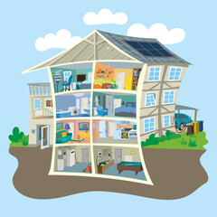 Half-timbered house illustration of a modernised and renovated home with many electricity guzzlers. (Search image-illustration 3 of 3) 