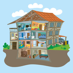 Illustration of a half-timbered house in need of renovation. Search image-(Illustration 1 of 3)