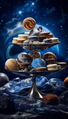  Surreal still-life of a two-tiered stand of macarons and planets against a starry blue background. © atalh