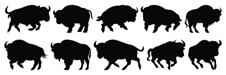 Bison buffalo silhouettes set, large pack of vector silhouette design, isolated white background